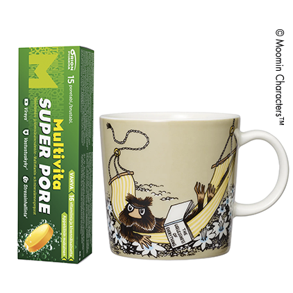 Moomin Arabia muki (0,3 l, Piisamirotta) ja Multivita Super Pore (15 tabl.)
